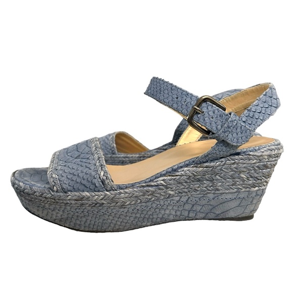 Stuart Weitzman Blue Denim Chambray Espadrille Wedge Sandals 6 - Picture 5 of 9